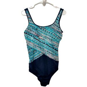 Lands End Woman's One Piece Sporty Scoop Neck Ombre Blue Swim Suit - 12